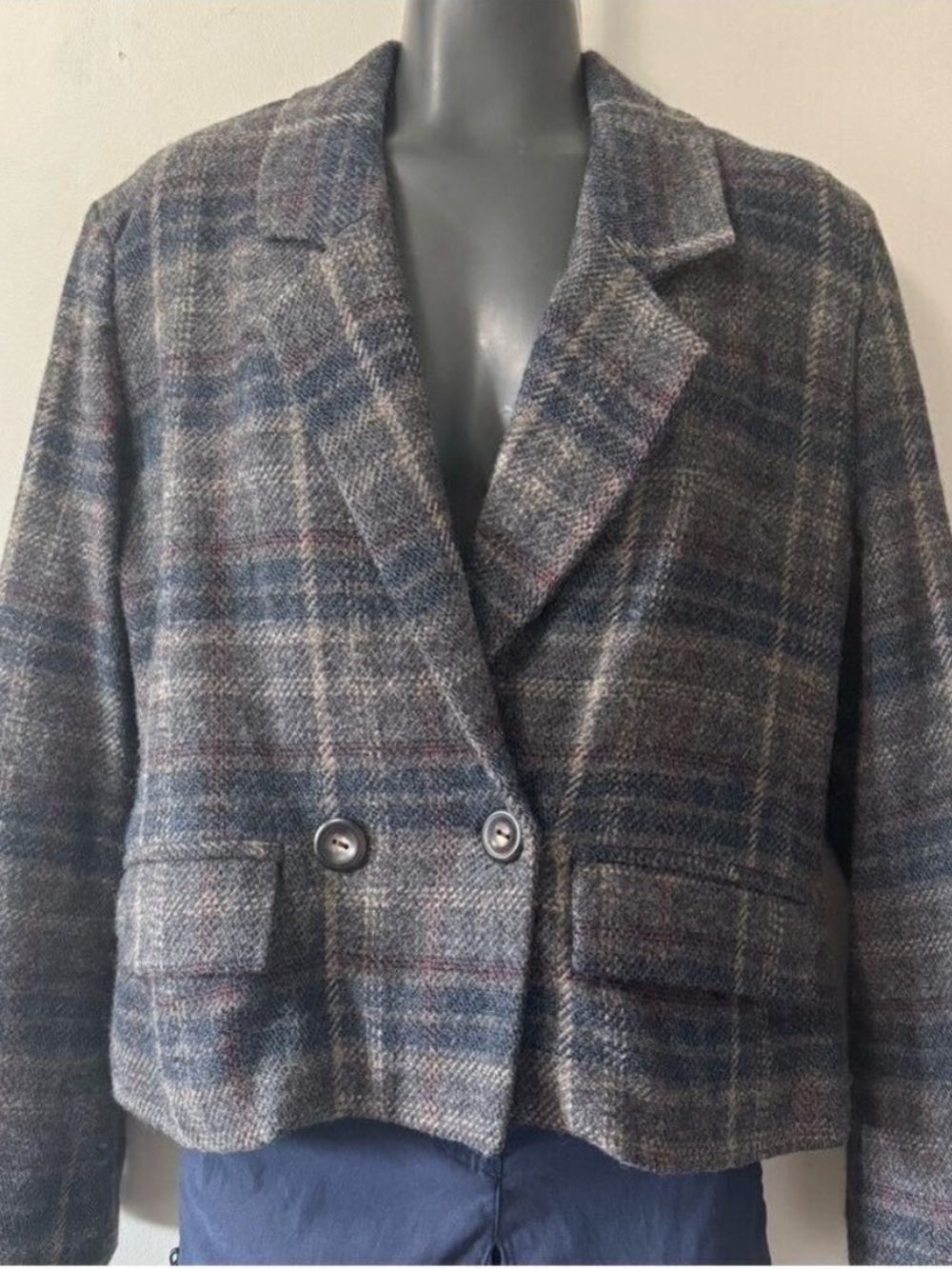 Adnan Women's Plaid Jacket Crop Gray and Blue 100%wool size 1 Medium